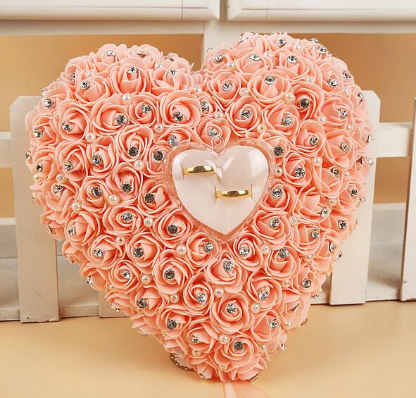 Rose Wedding Ring Kussen met Ring Box Trouwring Houder Toonder Doos Hartvorm Rhinestione Voor Bruiloft Decoratie