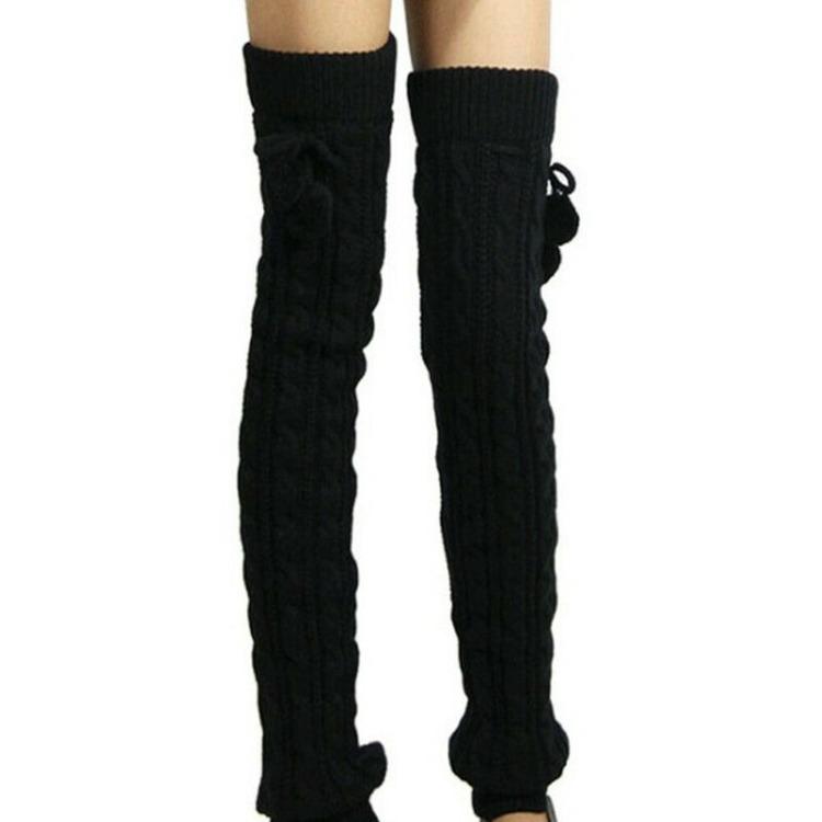 Beenwarmers dames overknee warme gebreide sokken lange laarsmanchetten beenwarmer met pluche bal gebreide beenwarmers japans: Zwart