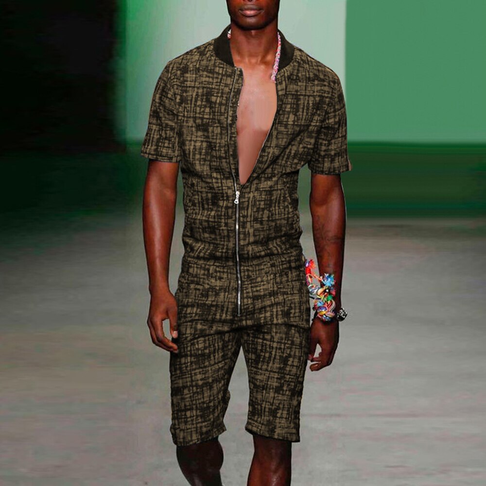 Mannen \ 'S Jumpsuit Zomer Kleding Een Stuk Rompertjes Rits Overalls Jumpsuits Half Broek Korte Mouwen Plaid Casual Rompertjes mannelijke: L / ArmyGreen