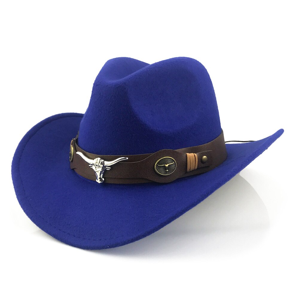 YY Bull Cowboy Cap for Men Autumn Winter Fedora Hats Retro Western Cowgirl Cap With Wide PU Leather Belt YY20074: Blue Bull Cowboy