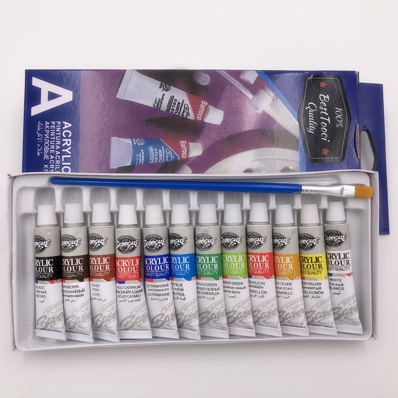 12 Colors 6ML Acrylic Paints Set Hand Painted Wall Painting Textile Paint Brightly Colored Art Supplies Free Brush