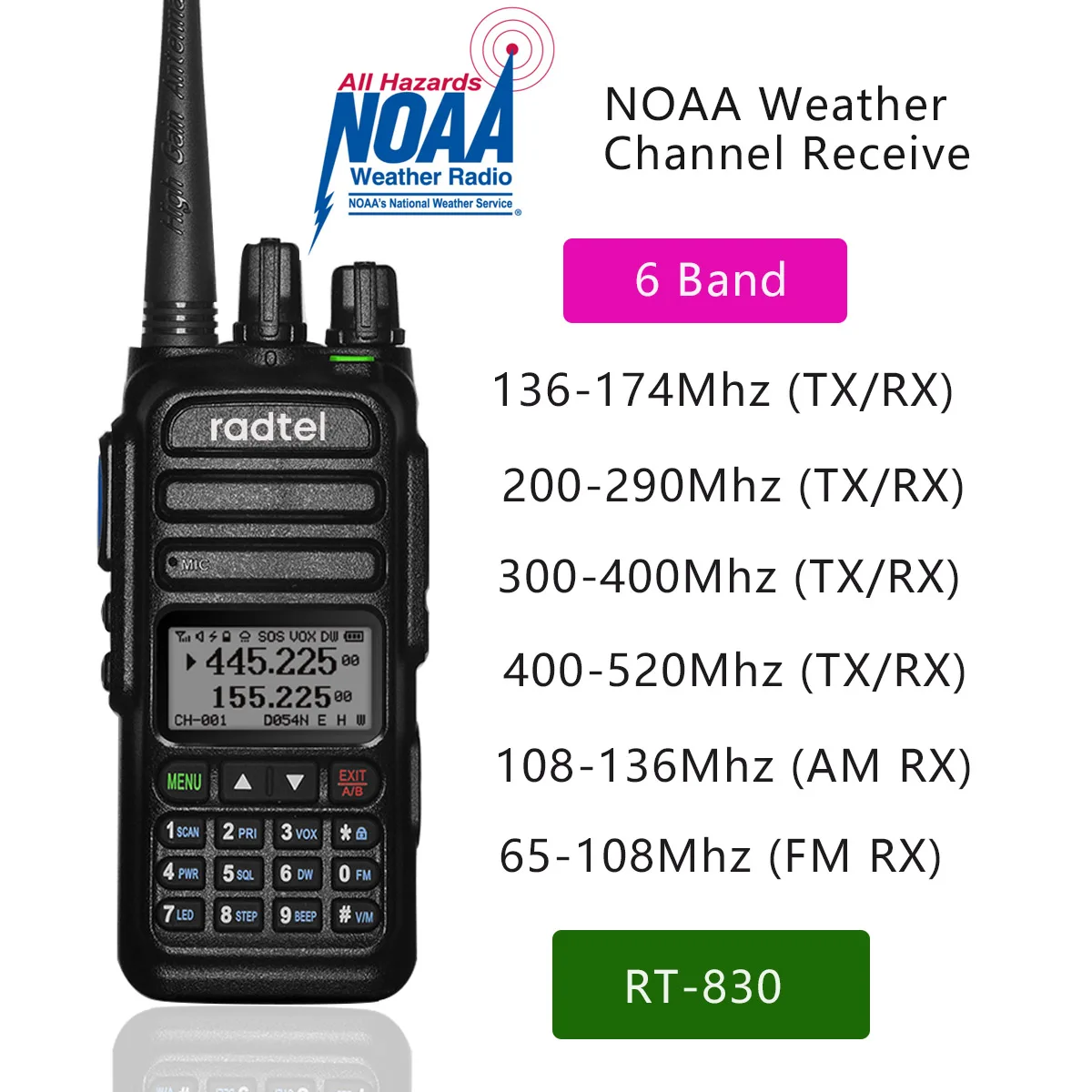 Radtel RT-830 NOAA Weather Channel 6 Bands Amateur Ham Two Way Radio 128CH Walkie Talkie Air Band Color Police Scanner Marine: EU