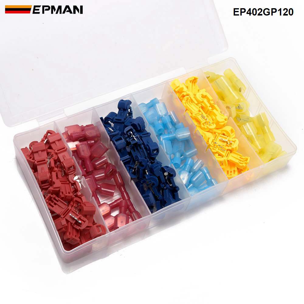 EPMAN 120pcs Car Wire Tap T-Taps Male Insulated Wire Terminal Connectors Quick Splice Wire Connector EP402GP120