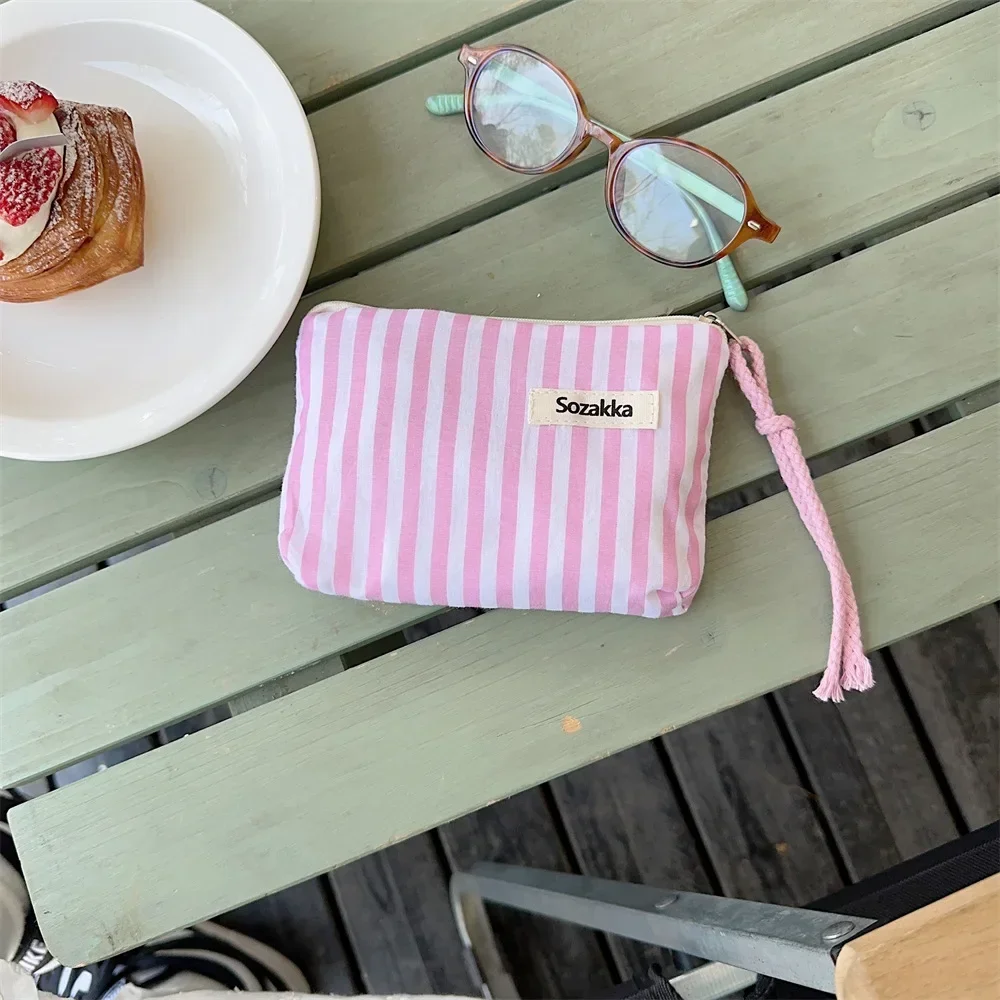 Rosa Streifen Münztüte Geldbörse Frauen Münze Geld Kartenhalter Einfache Lippenstift Kosmetiktasche Reißverschluss Schlüsselaufbewahrungstasche für Art Mädchen: Beige