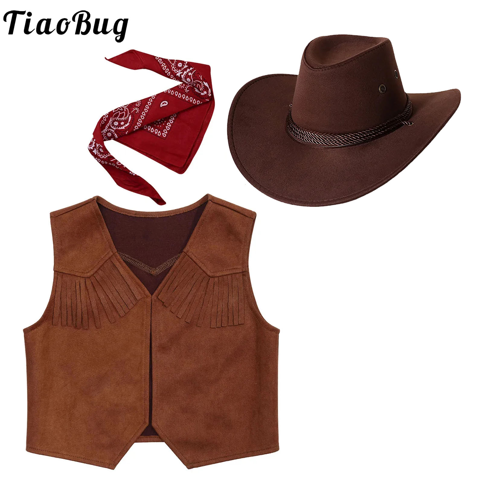 Wild West Cosplay Cowboy Cowgirl Costume Halloween Dress Up Clothes Fringe Sleeveless Vest with Bandanna Hat Set