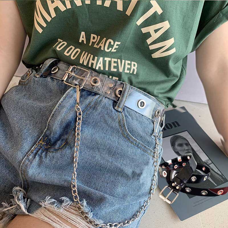 Punk Lady Transparent PVC Belt With Chain Single Row Hole Square Buckle Waist Strap decorative wild casual Waistband