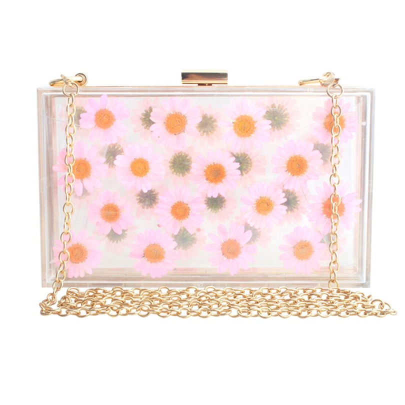 Women Acrylic Sunflower Printed Clear Purse Transparent Crossbody Bag Through Handbags Evening Clutch Events Approved: Pink Chain