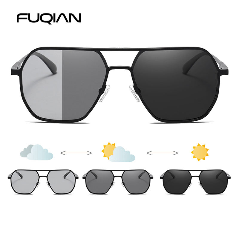 Óculos de sol fotocromáticos de metal de luxo masculino feminino moda polarizada óculos de sol elegante camaleão anti-reflexo óculos de condução uv400