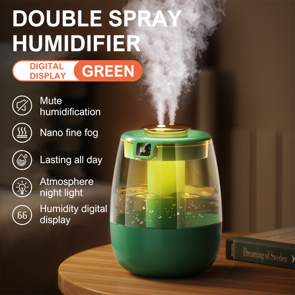 USB Humidifier Portable Dual Nozzle Cold Fog Bedroom Silent Humidifier Intelligent Digital Display Air Humidity 1.3L Water Tank: Yellow