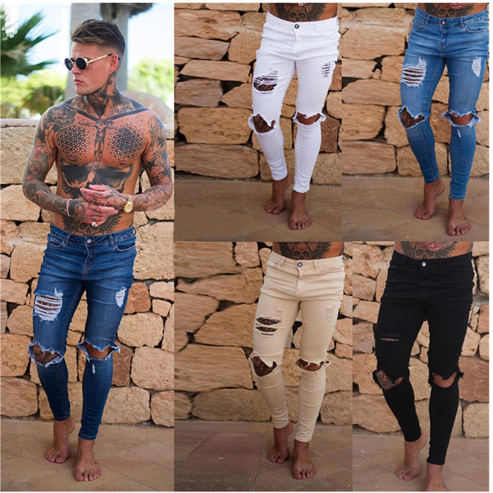 Pantalones vaqueros con estampado para hombre, pantalones pitillo con roto, ajustados al tobillo, vaqueros de , urbana,