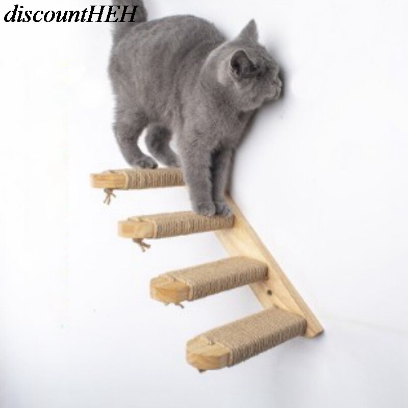 Pet Wooden Cat Climbing Frame Wall-mounted Ladder Cat Steps Cat Scratching Board Cat Toy Multi-layer Cat Frame Sisal Tie Rope