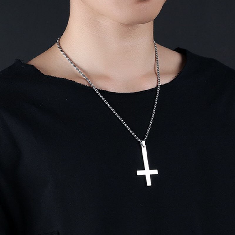 Men Inverted Cross Pendant Necklace Stainless Steel Chain Link Necklaces Jewelry AIC88