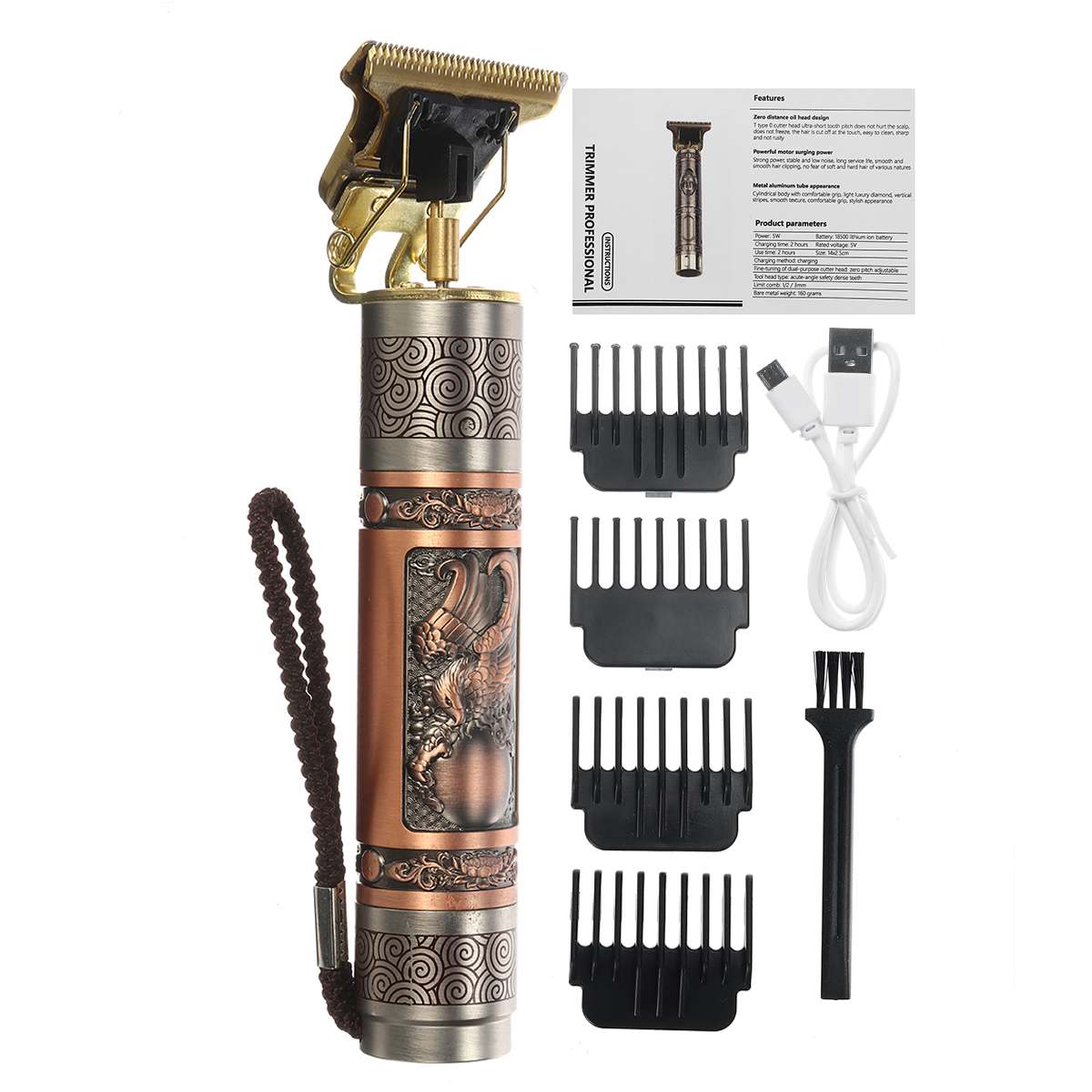 USB Bald Head Hair Clipper Trimmer Heavy Hitter Shaving Rechargeable Cordless Hair Cutter Buddha Dragon Tiger 0mm T Blade Head: Type 2