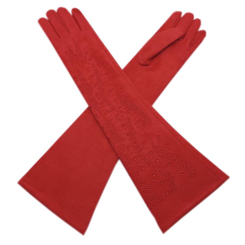 Höst och vinter mocka supermjuka handskar dam varm middag förlängd körning lång stil vackra handskar röda