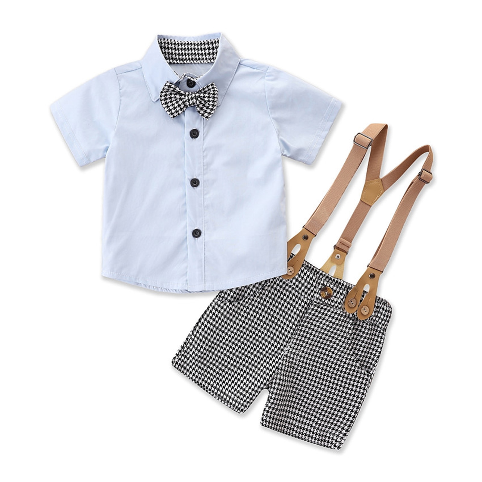 2 Pcs Infant Houndstooth Print Outfits Baby Boy Button Down Short Sleeve Lapel Bowknot Shirt + Suspender Pants with Pocket 6M-4T