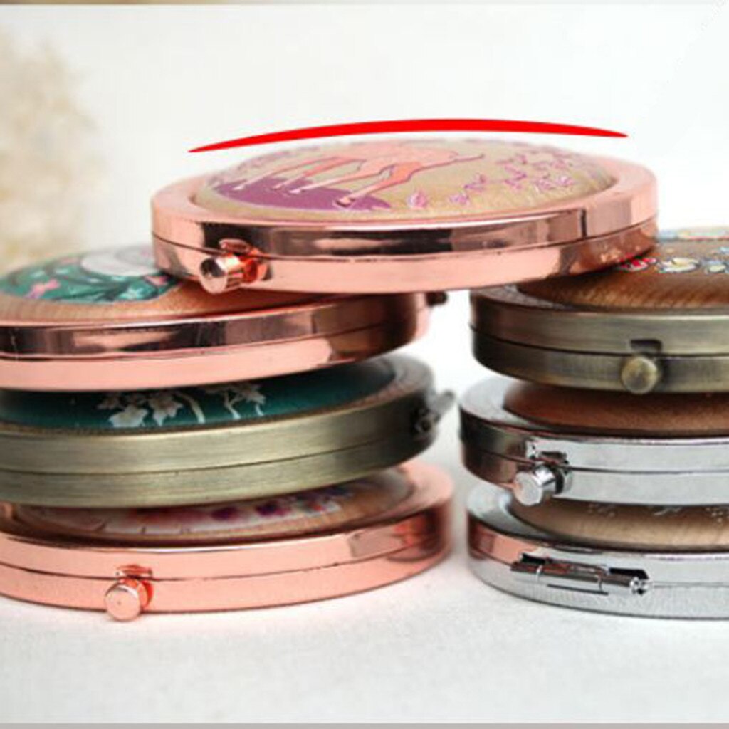 Wooden Retro Mini Mirror Metal Cartoon Printed Double-sided Folding Round Mirror