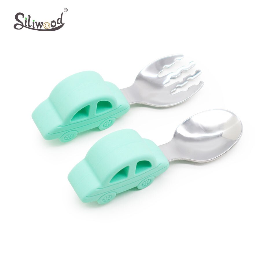 Vauvan astiat silikonilautanen imutarjotin liukueste minimatto taapero astiasto lasten astiasto lasten vauvanruokien syöttökulho: Minttuhaarukka lusikka