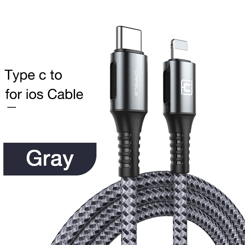 CAFELE 18W PD kabel USB C robić kabla Ligntning dla iPhone 11 zawodowiec Max XS 8 plus szybki kabel ładujący dla ios 13 12 11 synchronizacja danych: szary