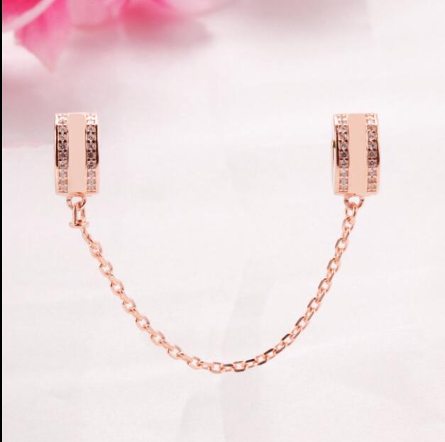 Originaler rosenanhänger aus 925 sterlingsilberperlen mit kristall-sicherheitskette und Clip, passend für Pfanne-armbänder und diy-schmuck