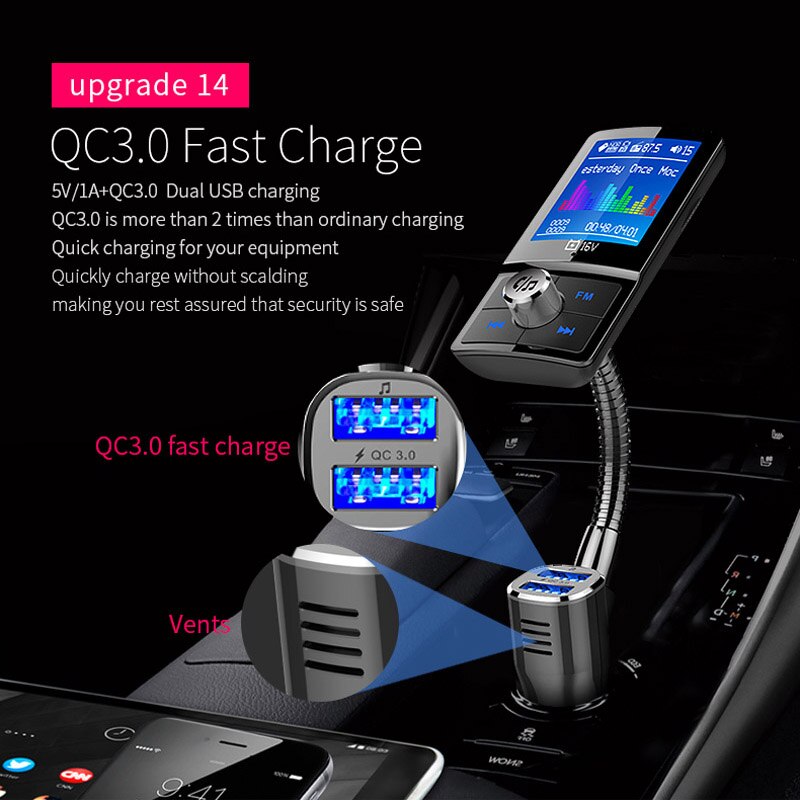 Phaany FM Transmitter Bluetooth Handsfree Car Kit AUX Audio Receiver Car MP3 Player QC3.0 Quick Charge Dual USB Car Charger