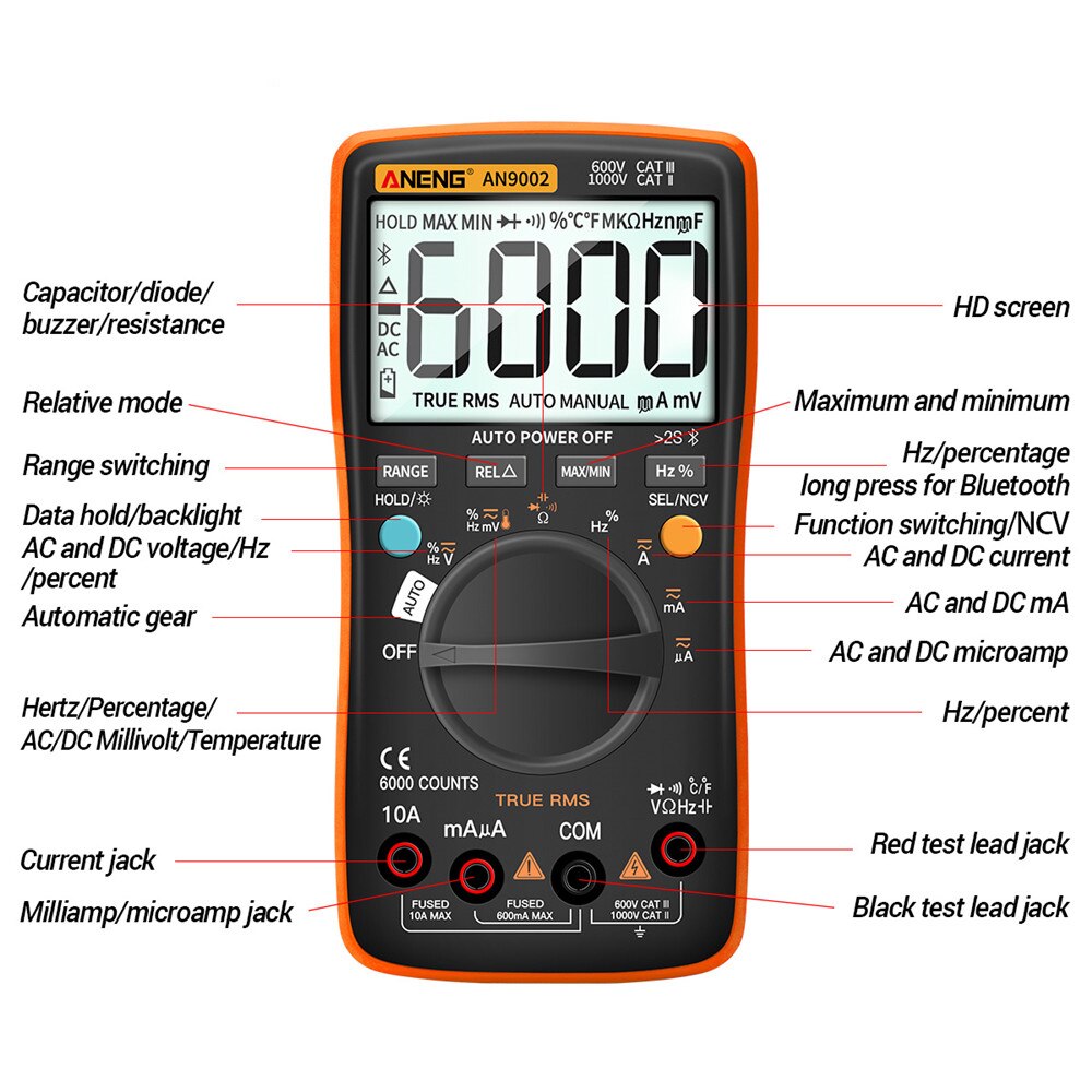 An9002 Bluetooth Digitale Multimeter Professionele 6000 Count Multimeter Ac / Dc Rms Multimeter Auto Range Stroom Spanning Tester