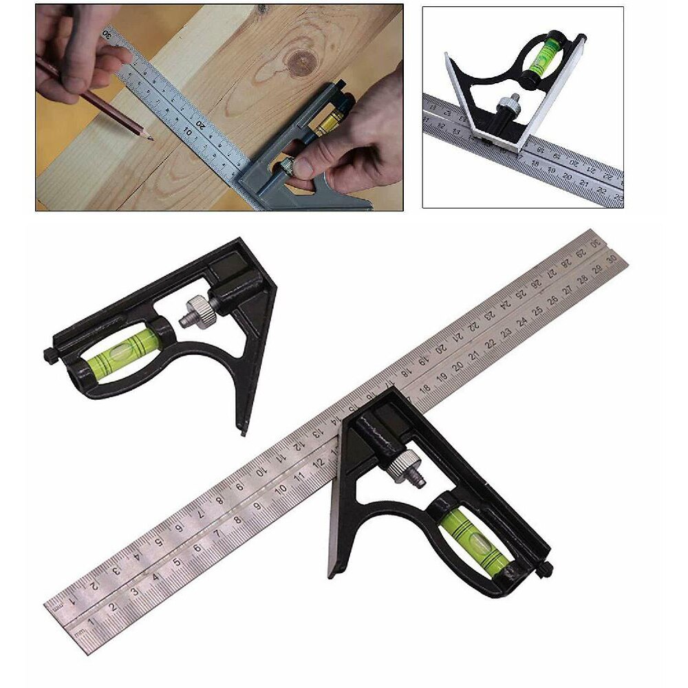 Multifunctional Square Ruler Set Kit 300mm (12") Adjustable Engineers Combination Right Angle Ruler with Spirit Level Scriber