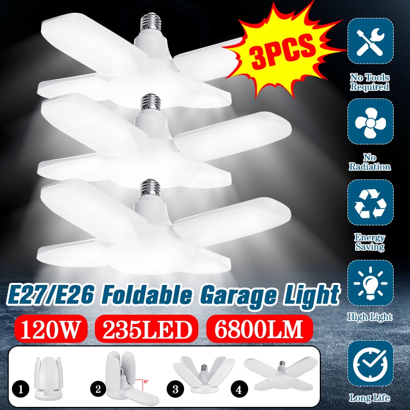 3Pcs 100W White Foldable 4 Blade Fan LED Lamp E27/E26 95-265V 90 Degrees Adjustable Ceiling Garage Industrial Workshop Light