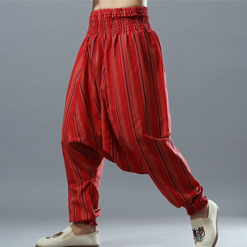 Rödrandigt bomullslinne herr elastisk midja harem breda ben aladdin byxor byxor man stor gren hippy casual lösa byxor