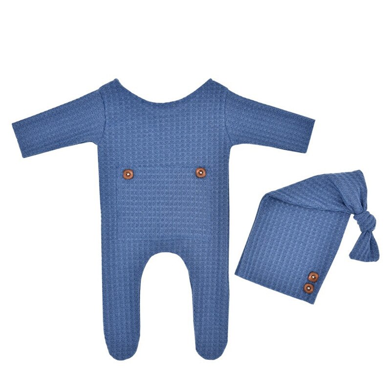 0-3Month Newborn Footed Romper and Hat Set Infant Baby Boy Girl Photography Props Lovely Babe Photo Accessories: Blue