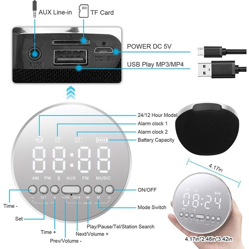 Vekkerklokke, digital vekkerklokkeradio med fm-radio, led dobbel vekkerklokke for soverom og bluetooth-høyttaler, aux-in, batterirygg