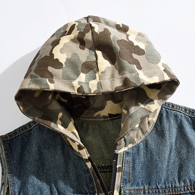 Nueva Slim chaleco Denim hombres bolsillos con cremallera de ropa informal estilo Hip Hop vaquero Casual con capucha de camuflaje chaleco sin mangas abrigos