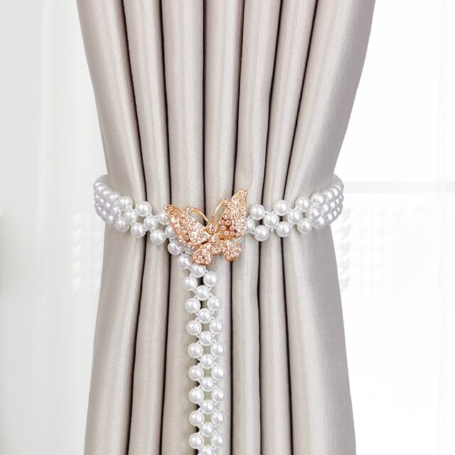 Pearl Adjustable Curtain Tieback Elastic Holder Hook Buckle Clip Pretty And Polyester Decorative Home Accessorie: Gold-Butterfly