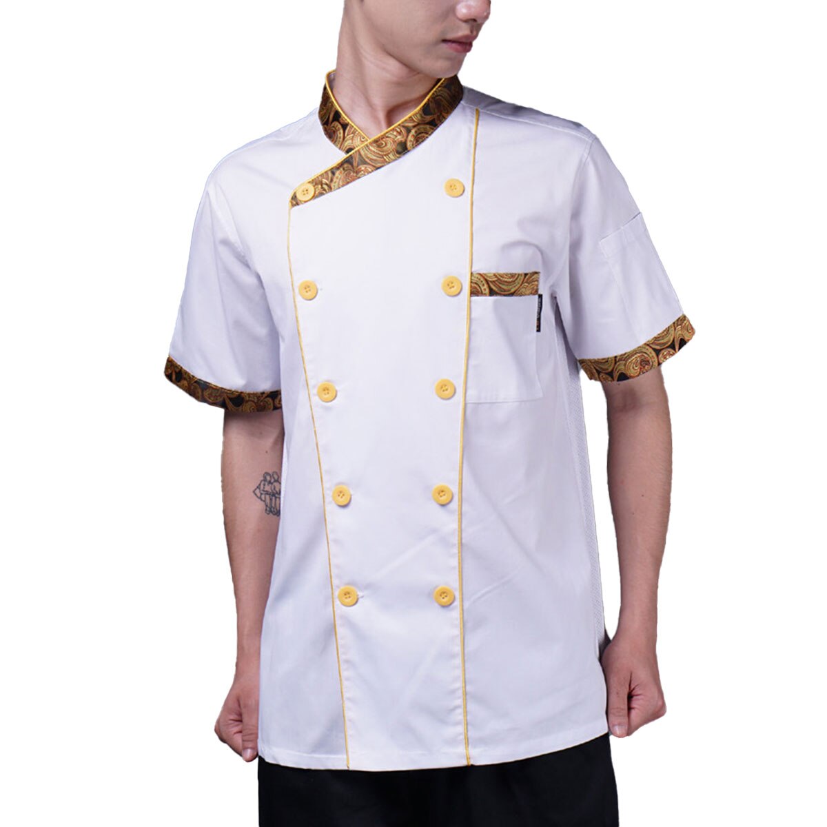 Chef Jacket Men Chef Coat Flower Print Collar Short Sleeve Chef Uniform Double Breasted Restaurant Kitchen Working Jacket: Gold / M