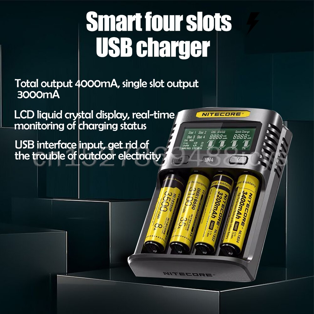 NITECORE UMS4 Batterie ladegerät QC Schnelle Ladung 4A mit 4 Slots Ausgang LCD Display Für 18650 14500 16340 26650 21700 AA AAA Batterie