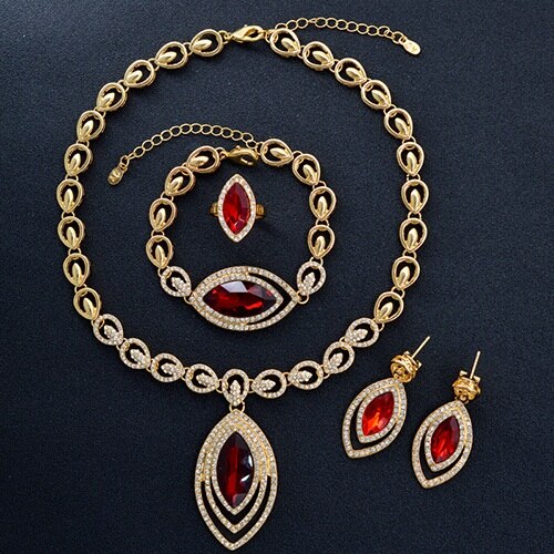 Sunny joyería Vintage de circonia cúbica roja para mujer, conjunto de joyería nupcial, collar de gota de agua de boda, pendientes, anillo, pulsera: Default Title