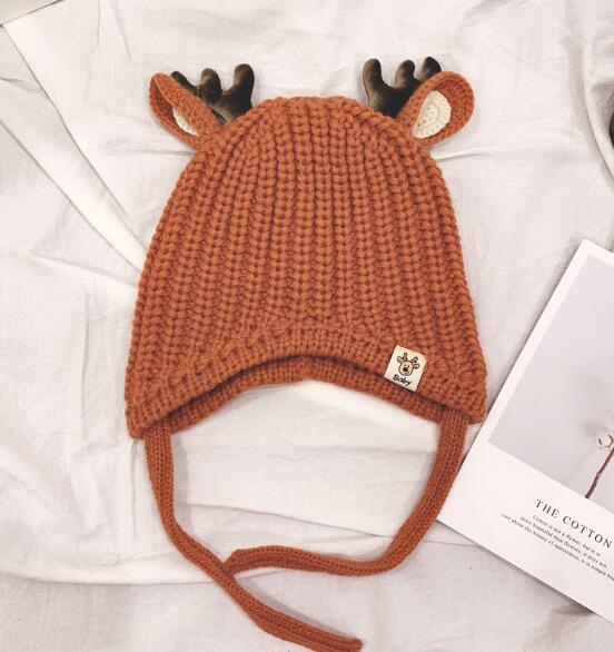 Baby Boys Girls Reindeer Beanie Hat Kids Christmas Hats Knit Cap Elk Horn Winter Hat: caramel