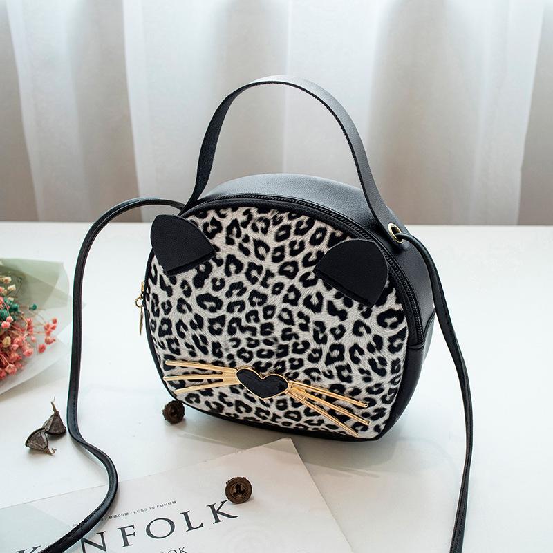 Mini rund crossbody taske sød kat leopard med pu læder piges messanger pung bosla kvinder runde skuldertasker: Sort leopard