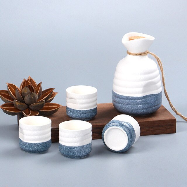 Japanse Stijl Sake Flagon Set Met 4 Wijn Mok Cups Hip Kolven Keramische Ambachten Drank Saka Stoup Wijn Pot Pak fles Voor Alcohol: Blauw