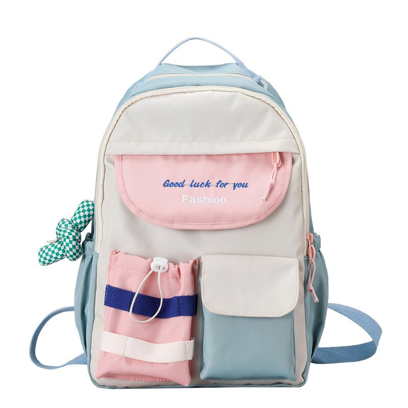 Fengdong teenage girls waterproof school backpack student high school bags female black notebook backpack girl large book bag: Blue-With Pendant
