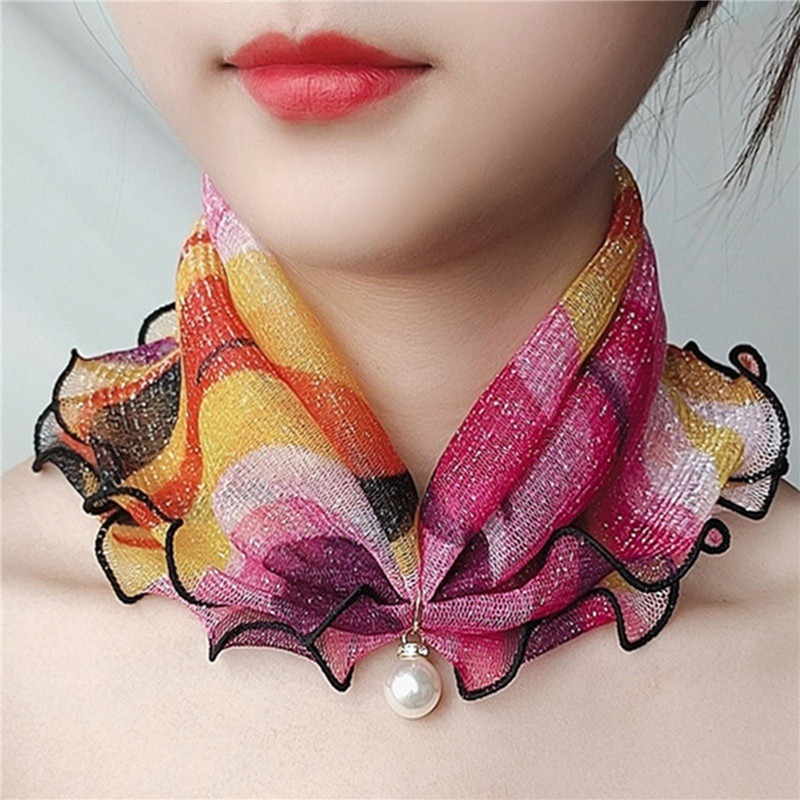 Bufanda de perlas de encaje con orejas de madera, hilo de Color dorado, variedad de cuello de dama, pañuelos de gasa para el cabello, primavera y verano, para el día de la madre