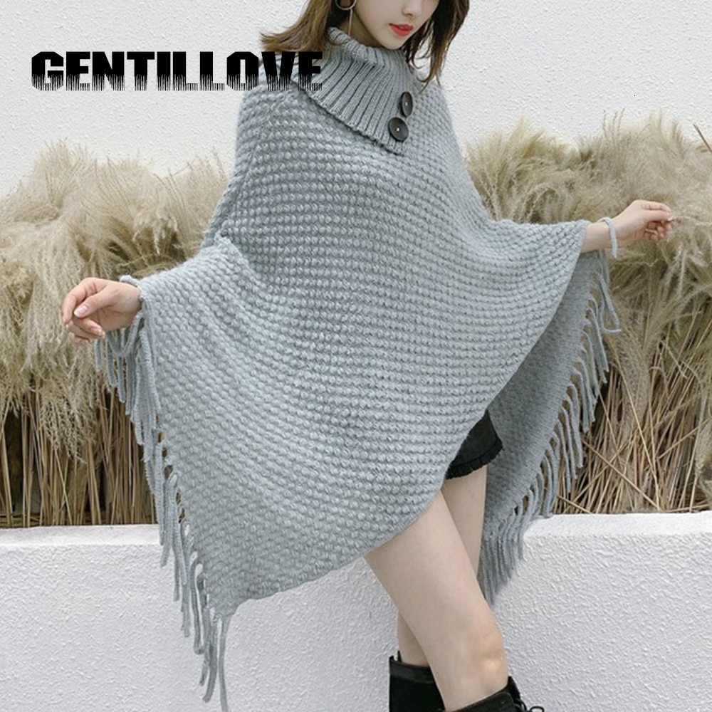 Gentillove efterår strikket poncho med turtel-hals til kvinder med uregelmæssig knast pullover hæklede lange røde grå trøjer