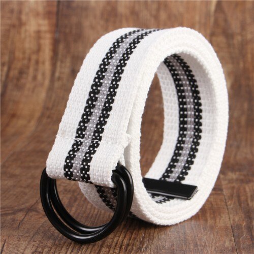 cinturón de lona para hombres jóvenes lona doble anillo hebilla Simple salvaje cinturón vaquero hombres mujeres: White-tiaowenJ