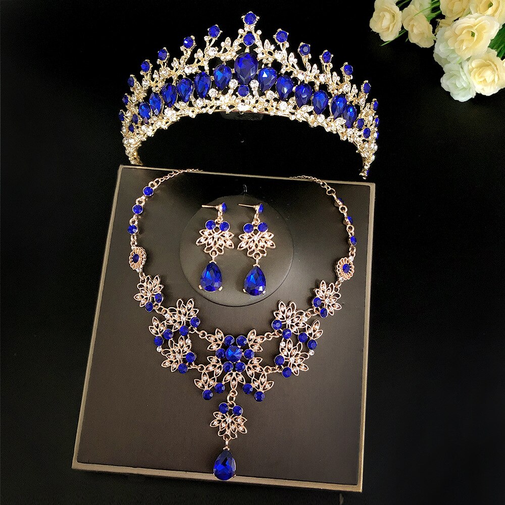Conjunto de joyas para novia, Set de joyas de cristal, Tiara, corona, pendientes, Gargantilla, collar, boda, Dubái, oro, rojo, azul, verde, Barroco: 3Pcs Blue Jewely Set