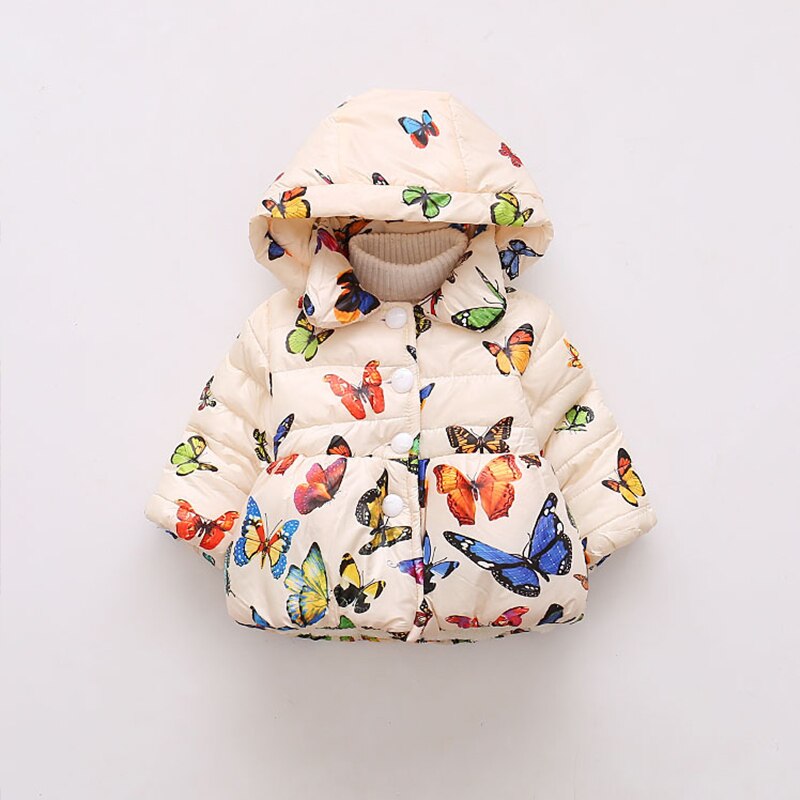 Autumn Winter Toddler Baby Girls Coat Children Kids Cotton Warm Jacket Girls Butterfly Print Hooded Children Cotton Jacket: white / 24M