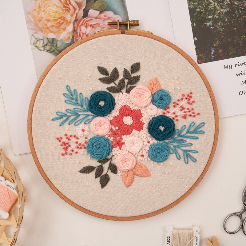 DIY Starter Embroidery Kit with Hoop Flower Cross Stitch Set Needlework Sewing Art Handmade Craft Home Decor Decor: 4 / 20cm bamboo hoop