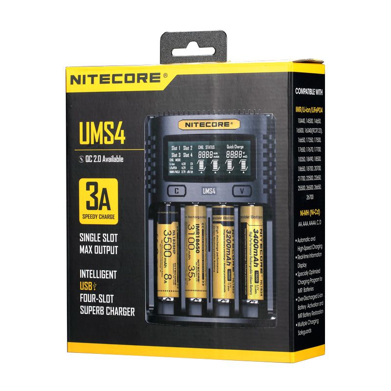 NITECORE-cargador de batería inteligente UMS2 UMS4, salida USB 3A para LiFePO4, iones de litio Ni-MH NiCd 18650, 20700, 21700, 10500