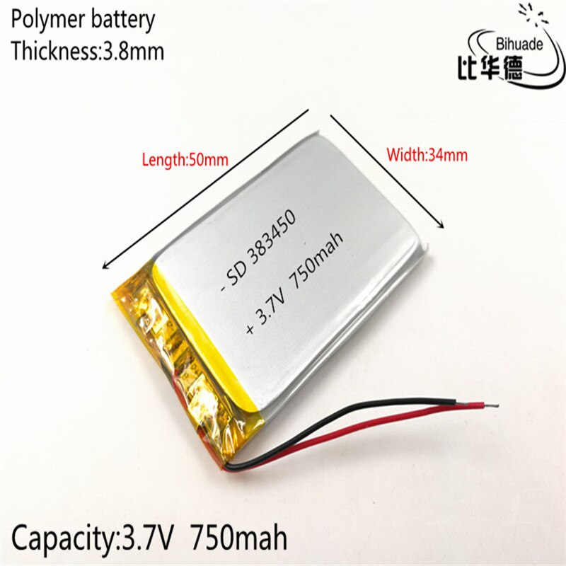 1 stk / parti 383450 3.7v 750 mah lithiumpolymerbatteri med beskyttelseskort til gps