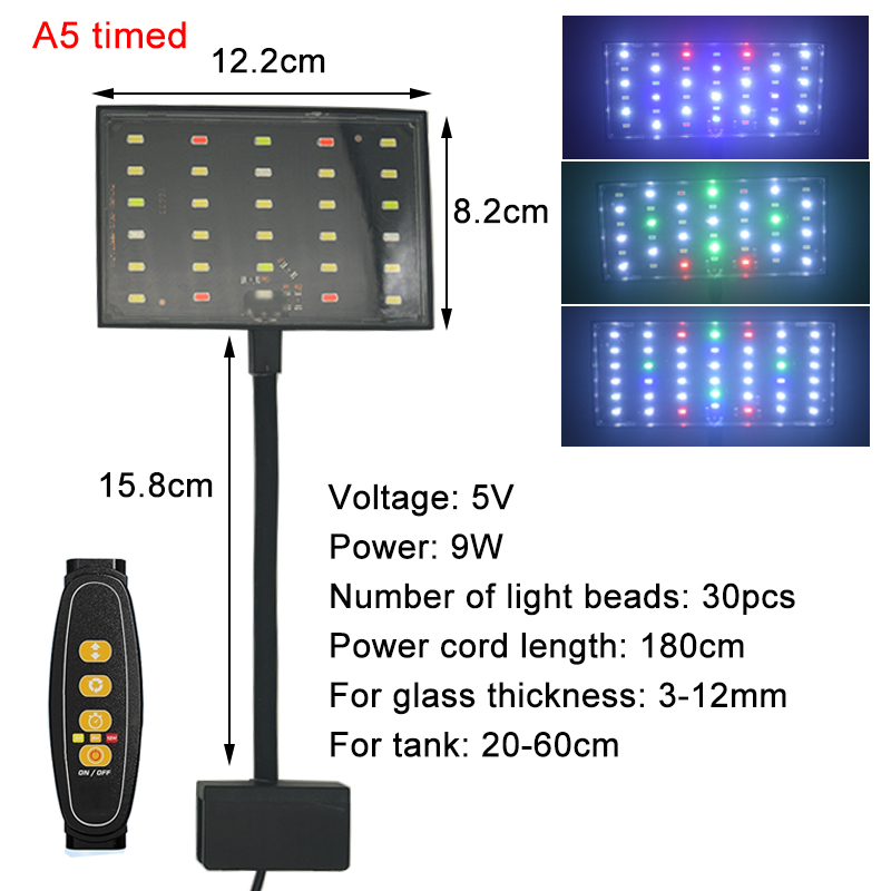 USB Aquarium LED Light Full Spectrum Aquatic Plant Grow Lamp Fish Tank Adjustable Brightness Dimmable Timed 360° rotatable Light: black
