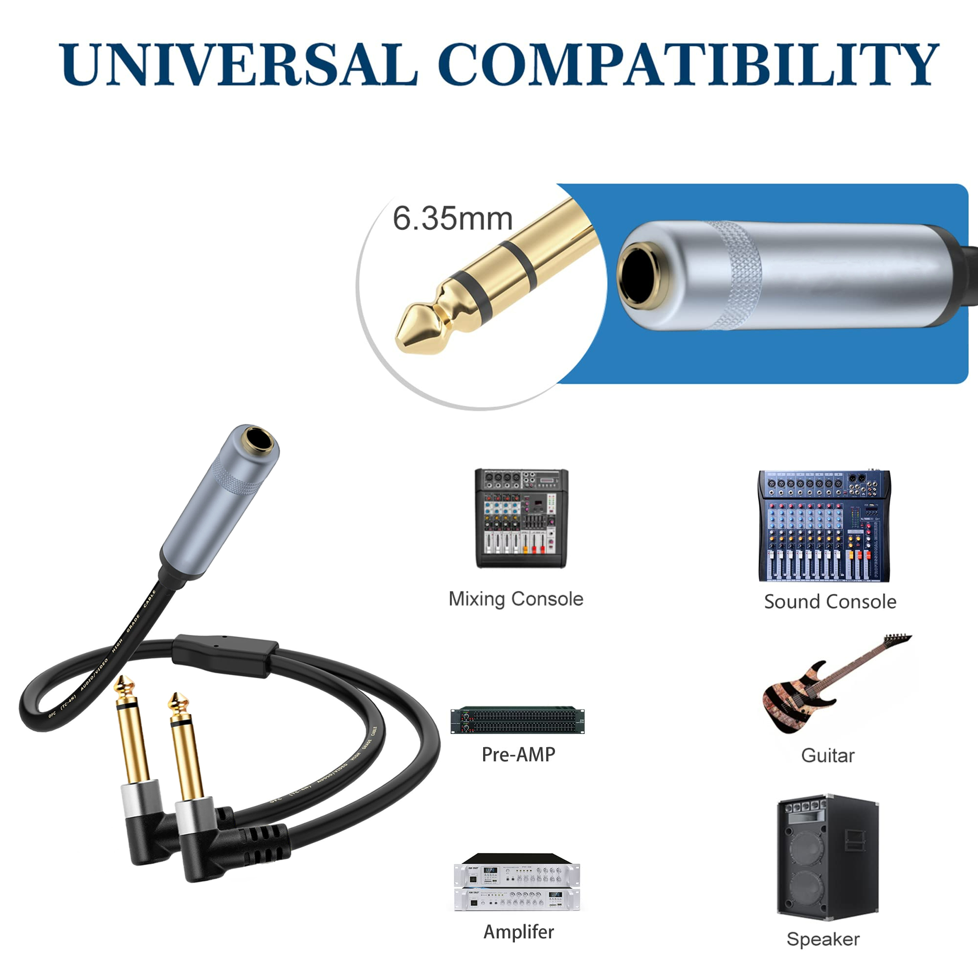 6,35 mm jack splitter 1/4 TRS stereo vrouwelijk naar dual 1/4 TS mono haakse 6,35 mm audio breakout-kabel 30 cm voor luidsprekermixer