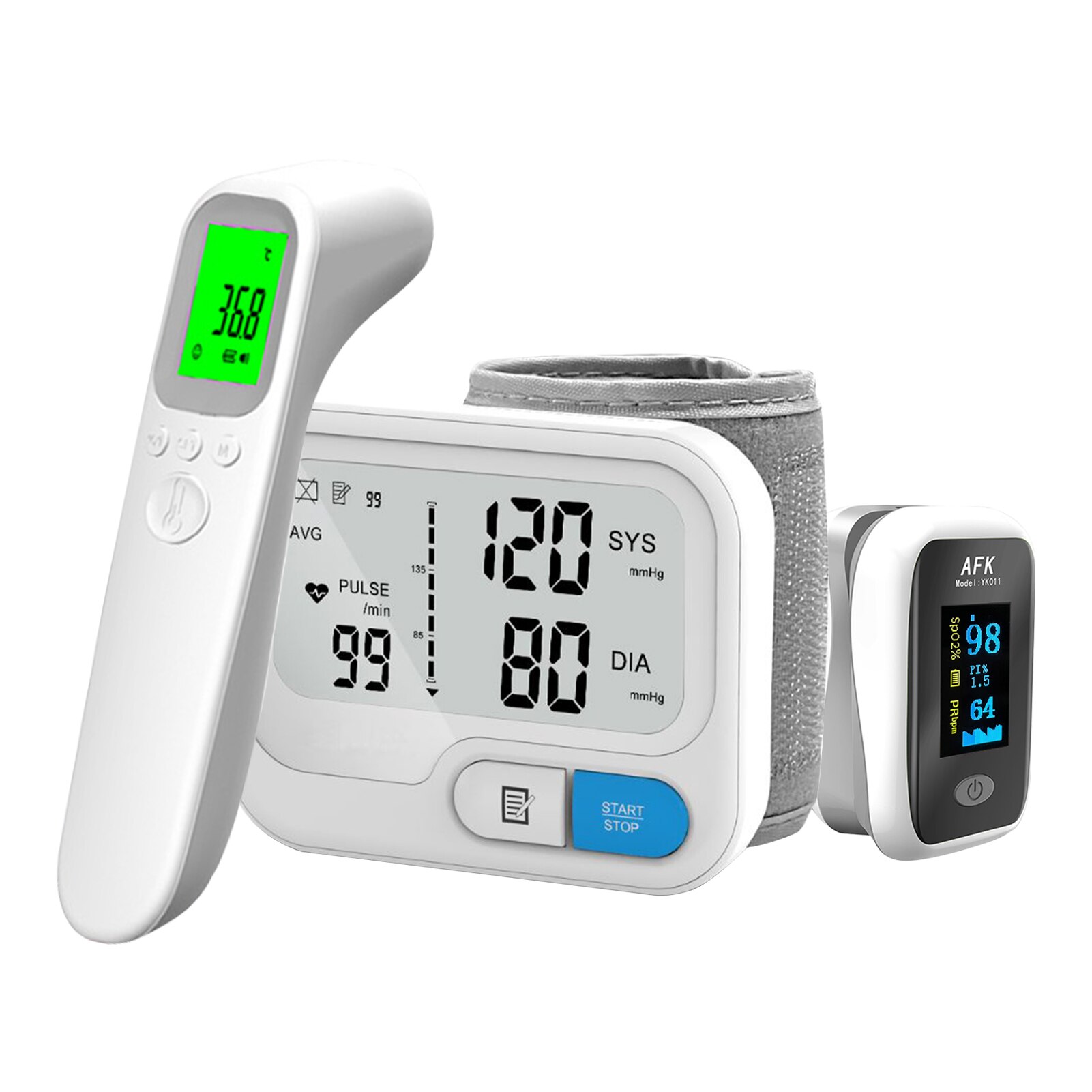 Wrist Blood Pressure Meter Tonometer + Finger Pulse Oximeter Blood Oxygen Saturation &amp; Pulse Rate Monitor + Digital Thermometer: 3pcs grey